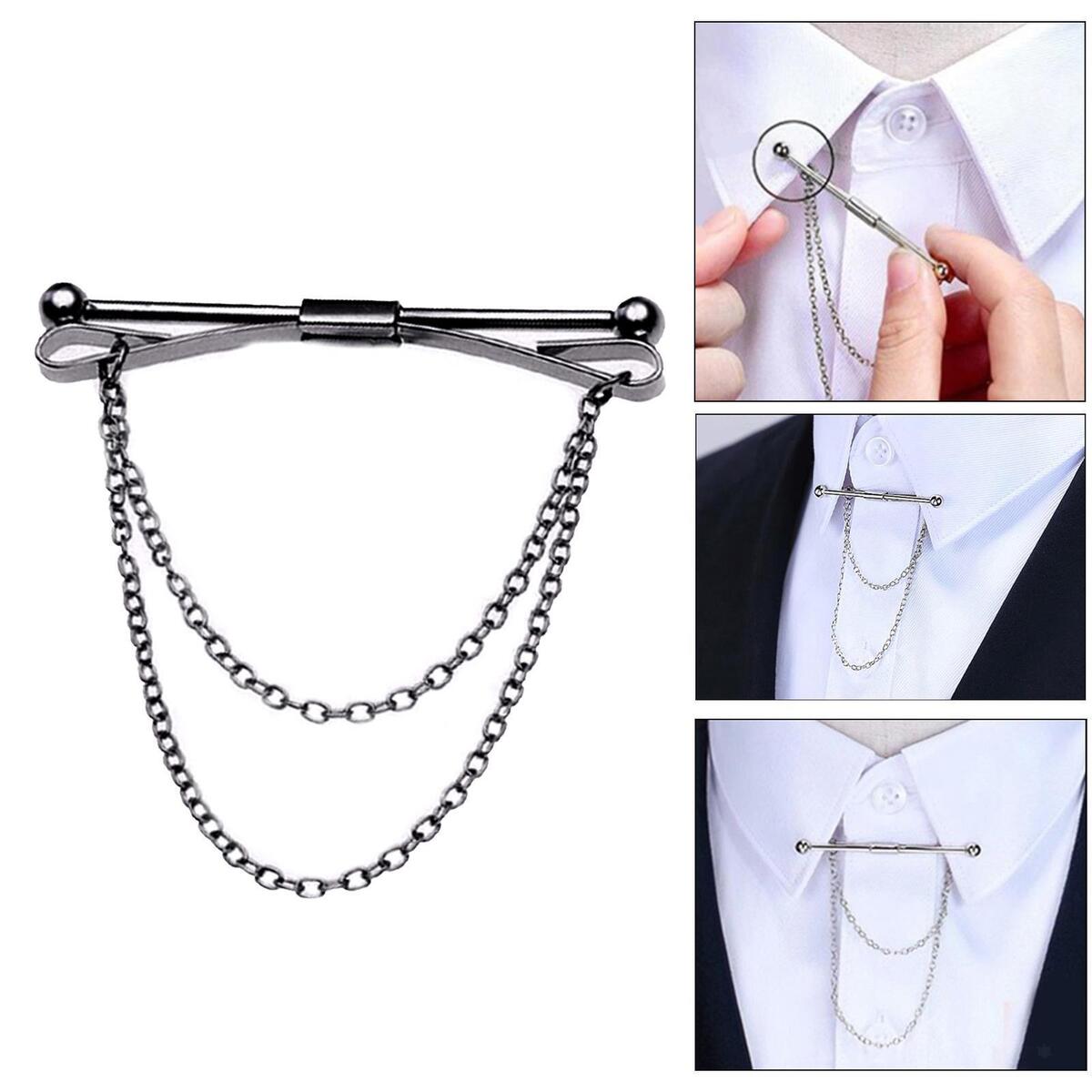 Collar Bar Pin for Men with Chain Necktie Tie Clips for Business Formal