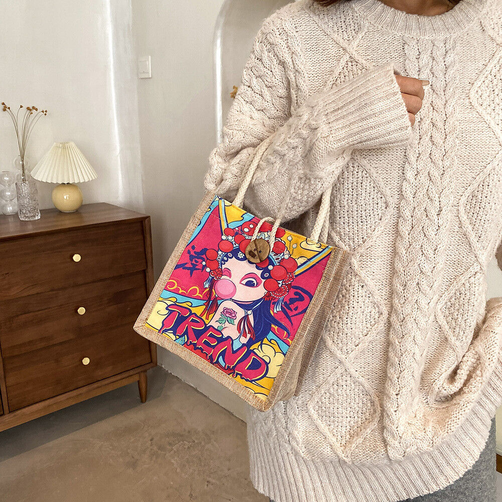 Chinese Style Women Shoulder Handbag Casual Linen Top-handle Lunch Bag (2)