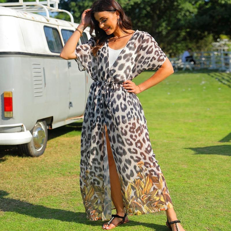 Women Maxi Kimono Cardigan Boho Leopard Print Belted Chiffon Cover Up Blouse