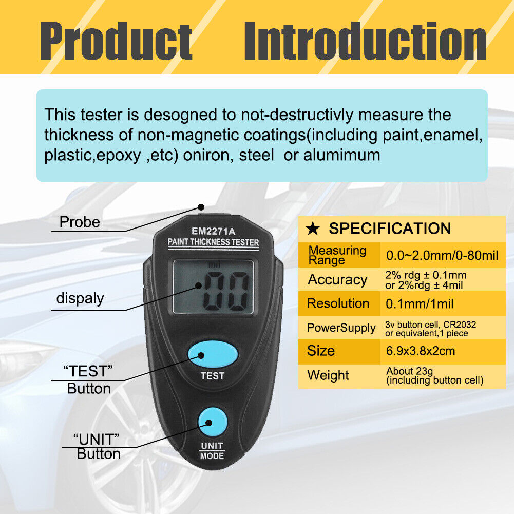 Digital Mini Thickness Gauge Car Paint Film Tester Coating Meter Electric