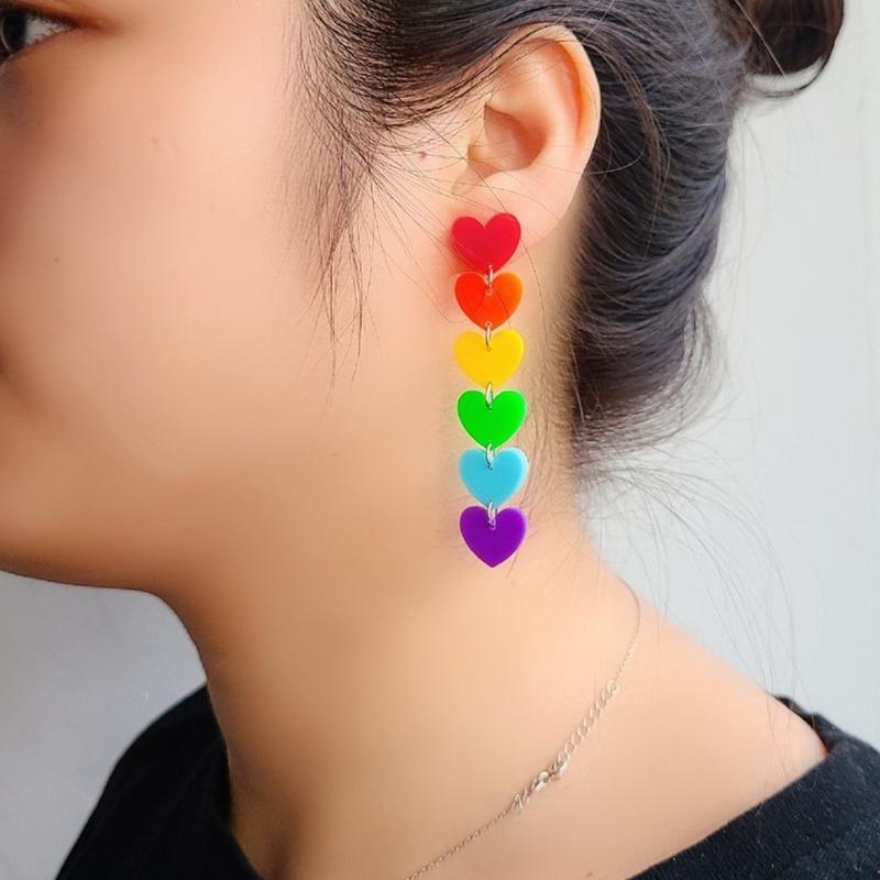 Fashion Rainbow Long Tassel Acrylic Earrings Peach Heart Exaggerated Pendants