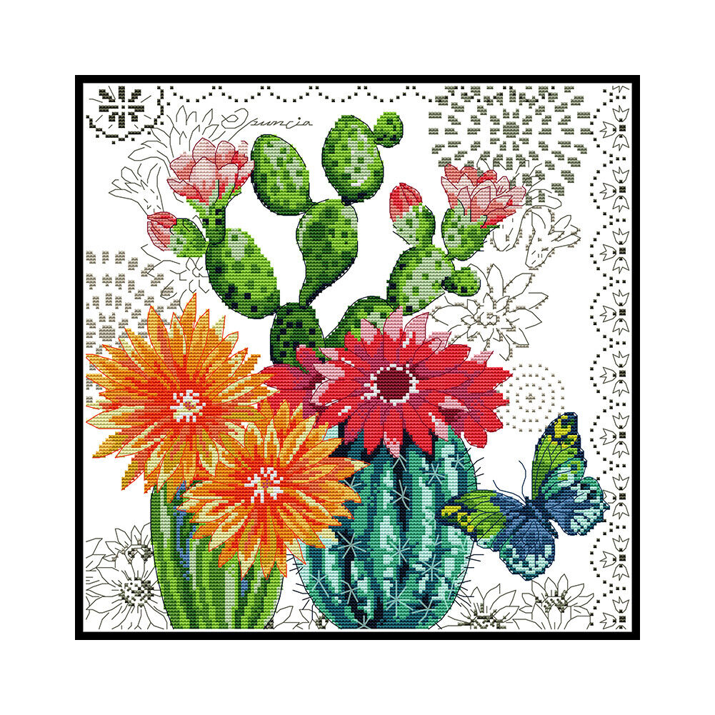 Partial Cross Stitch DIY 14CT Printed Prickly Pear Flower Wall Artwork Kits