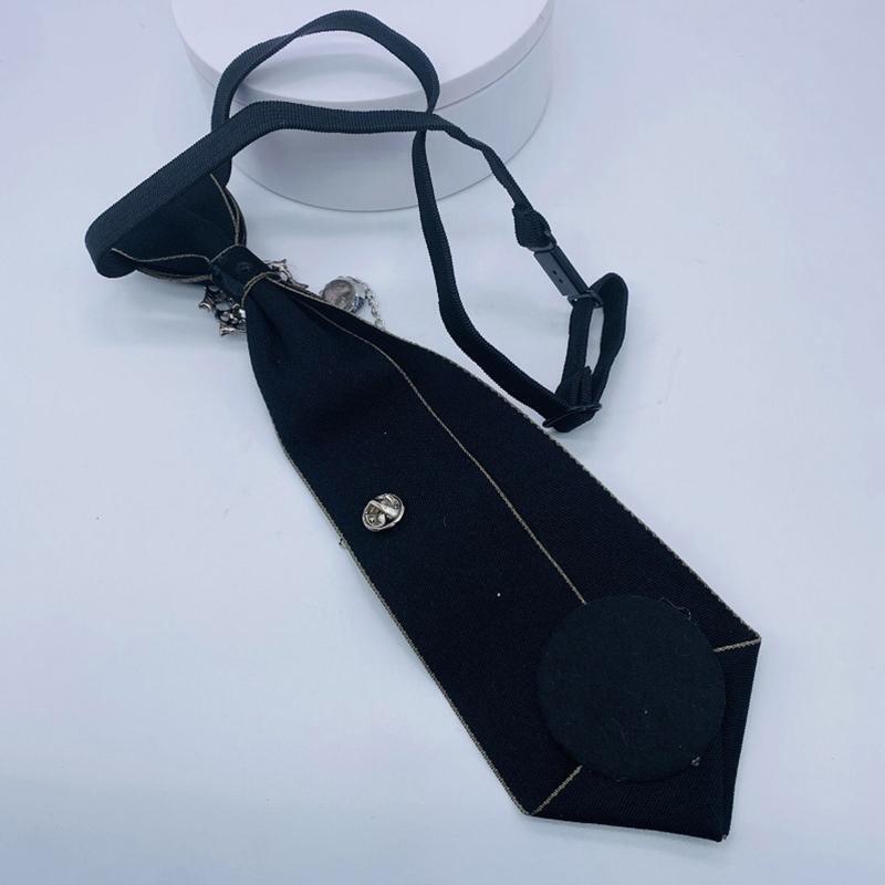 Gothic Black Necktie Rhinestone Pendant Metal Chain Evening Party Pretied Bowtie
