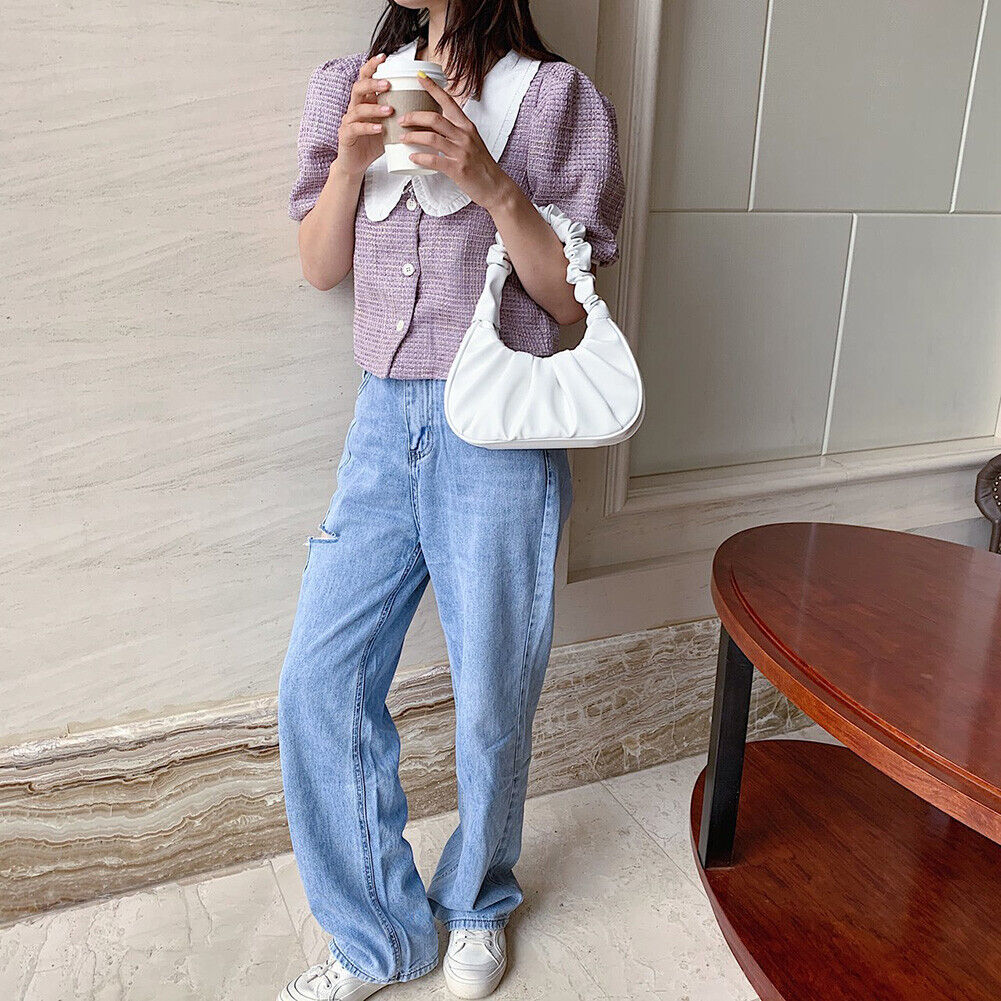 Elegant Pleated Handbag Women Leather Travel Totes Shoulder Bag (White)