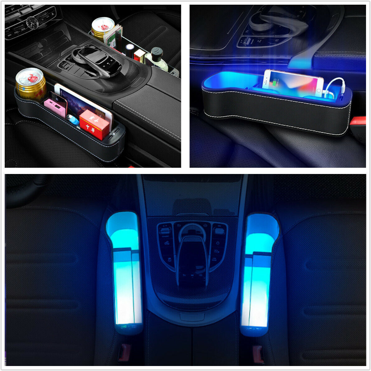 2 Pcs 7 Colors LED Atmosphere Light Car Seat Storage Box Dual USB Charging Port
