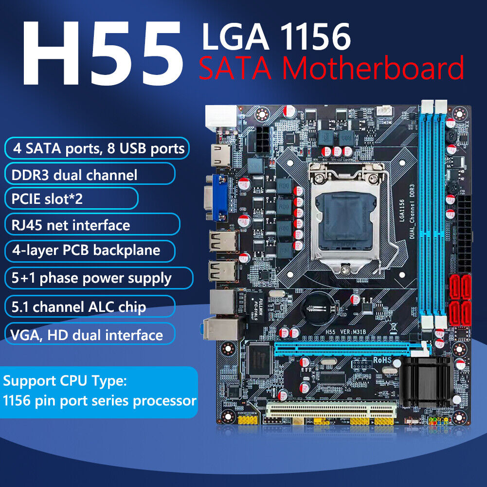 Computer H55 Motherboard SATA USB2.0 DDR3 for LGA 1156/i3/i5/i7 Game Board
