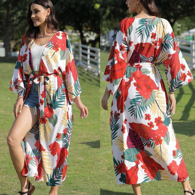 Women 3/4 Sleeve Long Kimono Cardigan Floral Leaves Print Beach Split Cover Up