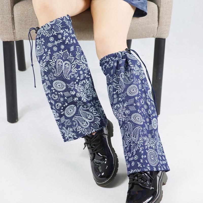 Women Gothic Drawstring Denim Leg Warmer Paisley Floral Loose Foot Cover Socks