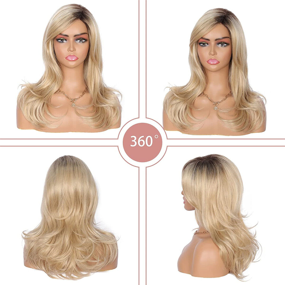 Ladies Ombre Blonde Dark Brown Roots Long Curly Wavy Heat Resistant Hair Wig