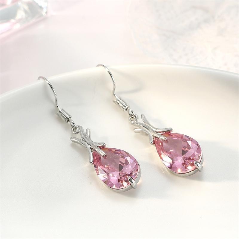 Sparkling Fish Hook Dangle Earring Pink Gem Pendant Earring Women Girl Jewelry