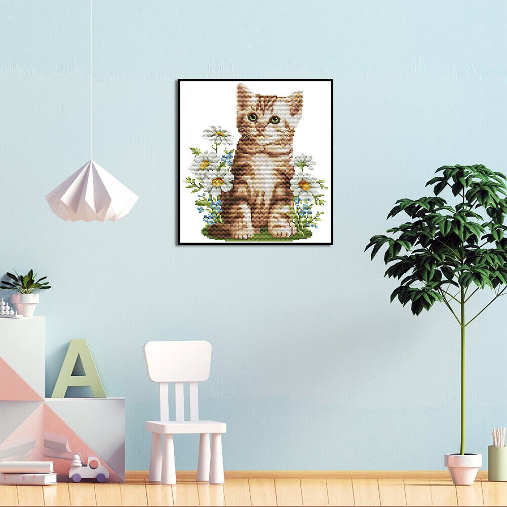 Flower Cat Partial Cross Stitch 14CT Counted Embroidery DIY Animal Crafts