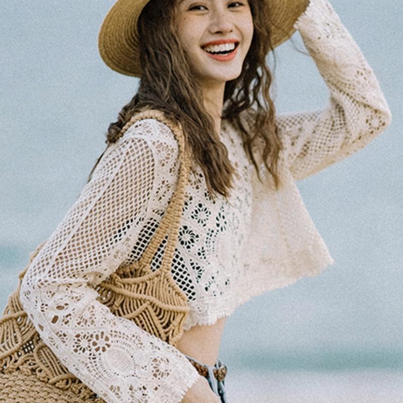 Women Hollow Crochet Cover Up Shirt Knit Plaid Floral Beach Loose Sheer Crop Top