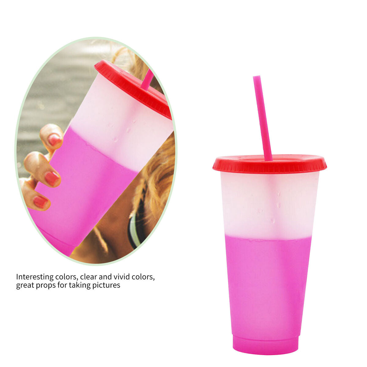 Plastic Color Changing Cup Cold Drink Sensing Travel Tumbler with Straw (C)
