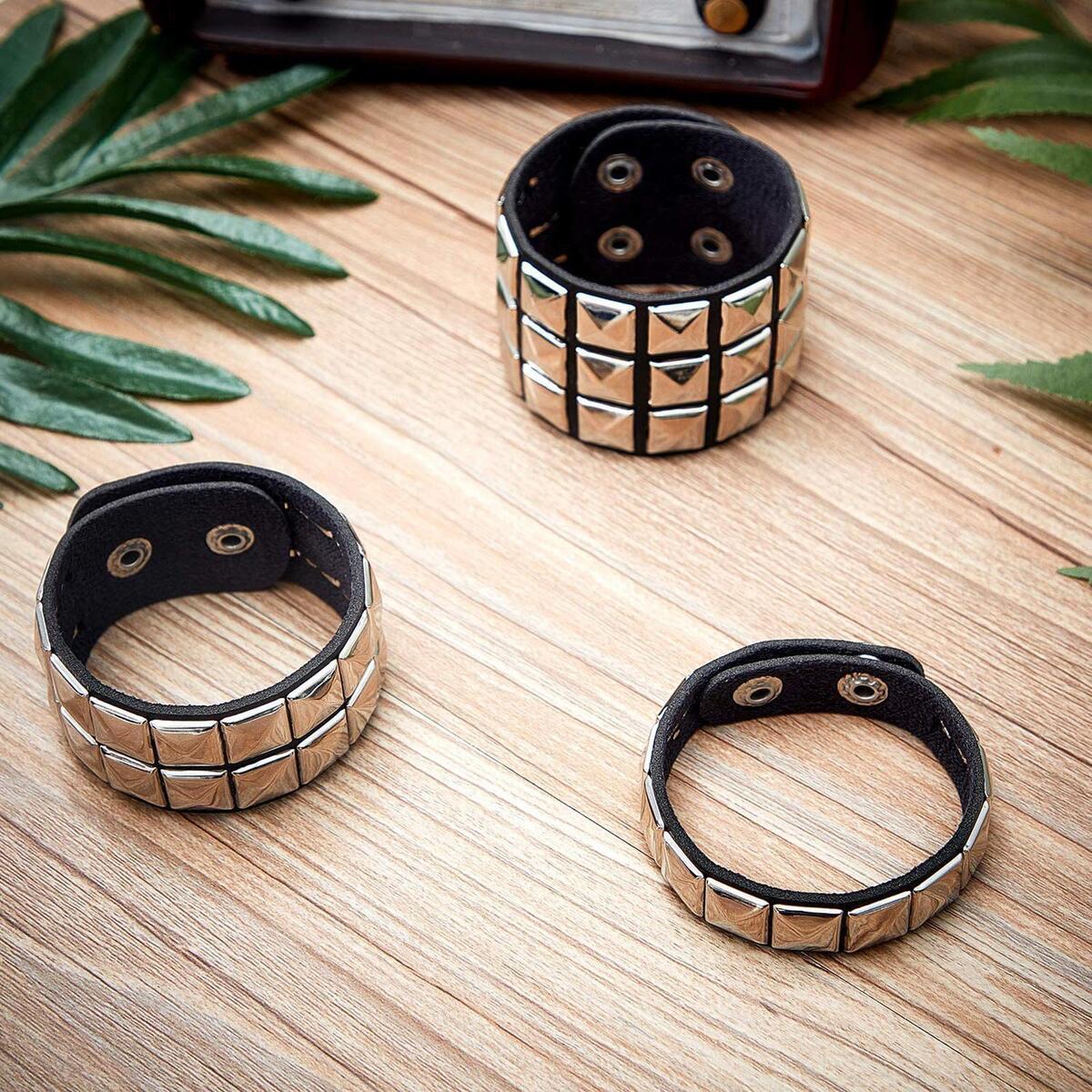 3Pcs PU Studded Punk Bracelets for   Buckle Cuffs Gothic Rivet Cuff