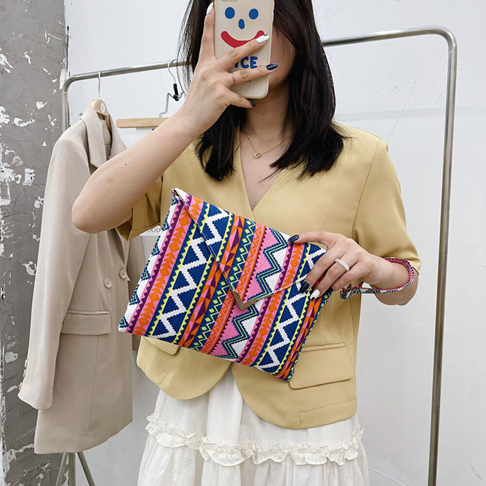 Ethnic Style Women Canvas Print Envelope Wristlet Bag Purse Handbag (Pink)