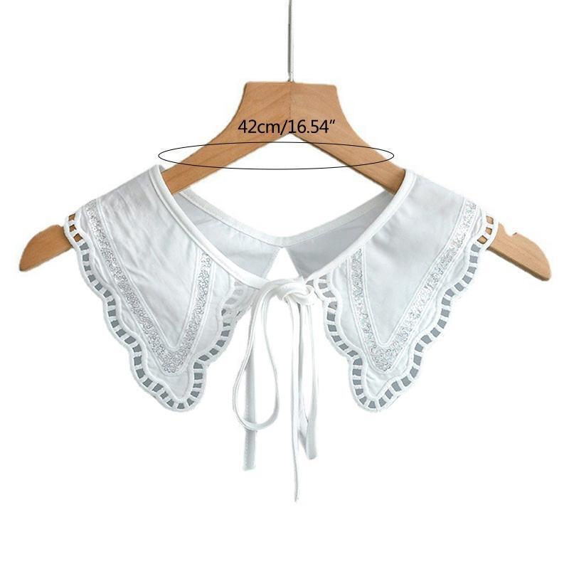 Women Crochet Sequins Patchwork Faux Collar Shawl Hollow Wavy Trim Lace-Up Cape