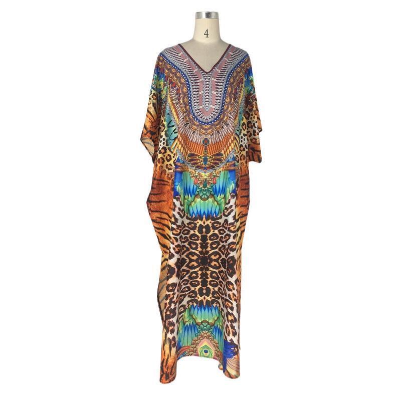 Women Middle East Kaftan Robe Beach Dress Boho Leopard Print Swimsuit Cover Up