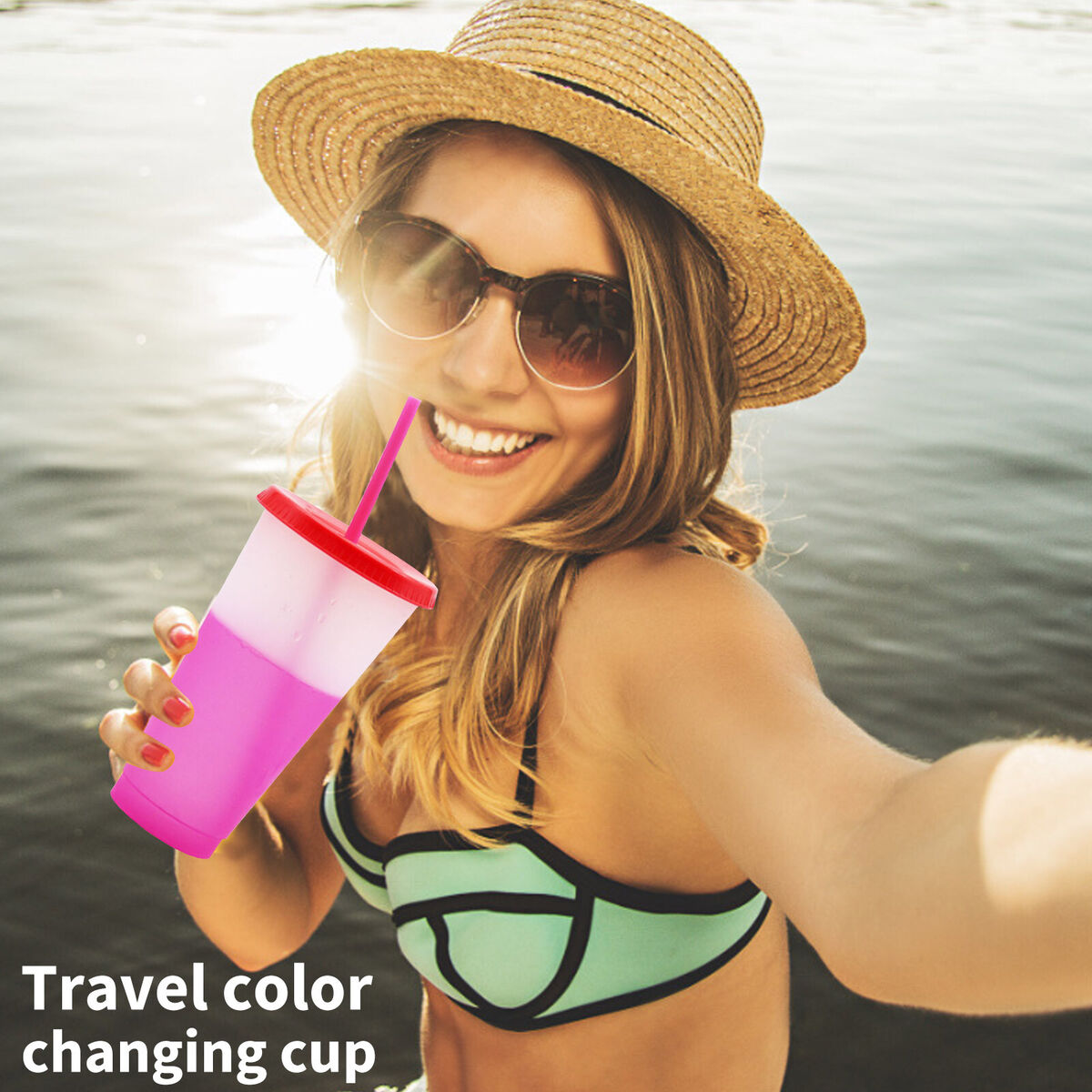 Plastic Color Changing Cup Cold Drink Sensing Travel Tumbler with Straw (C)
