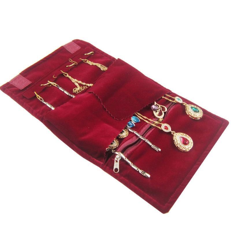 Velvet Jewelry Organizer Roll Travel Zipper Case Pouch Storage Bag for Necklace