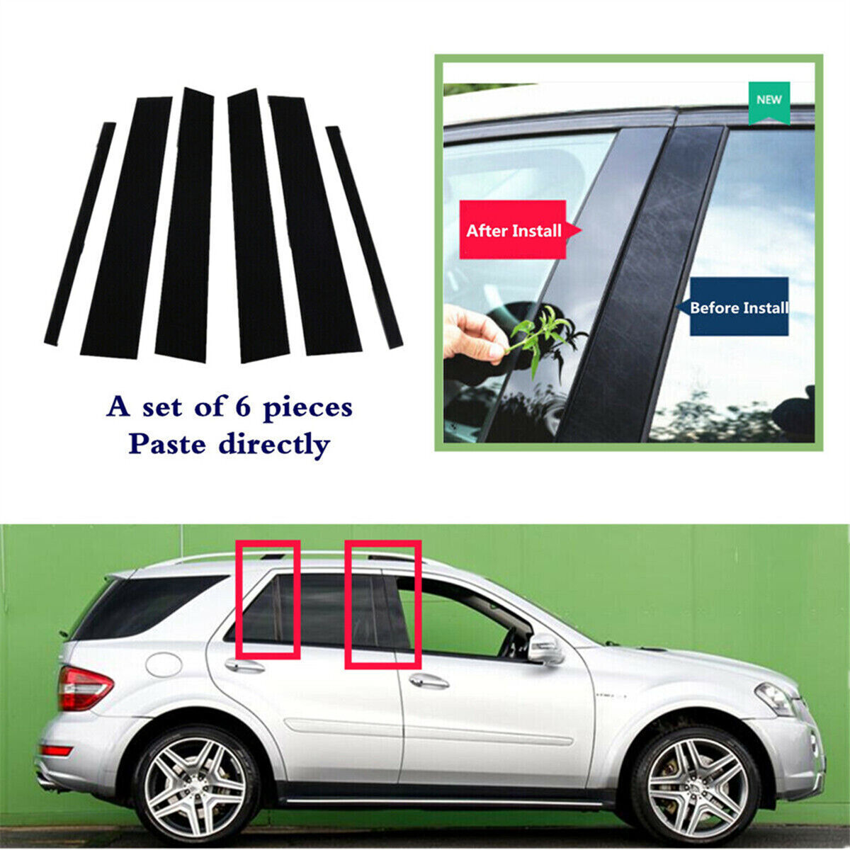 6 x Glossy Black Car Door Pillar Post Cover Trim For Benz ML350 ML550 W164 06-11