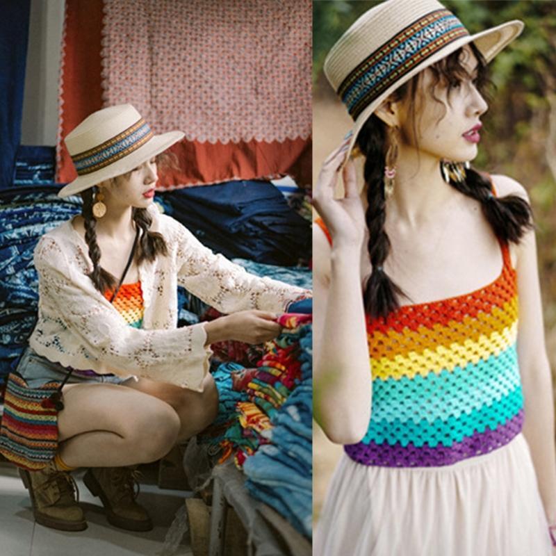 Women Beach Spaghetti Strap Camisole Crochet Lace-Up Rainbow Striped Crop Top