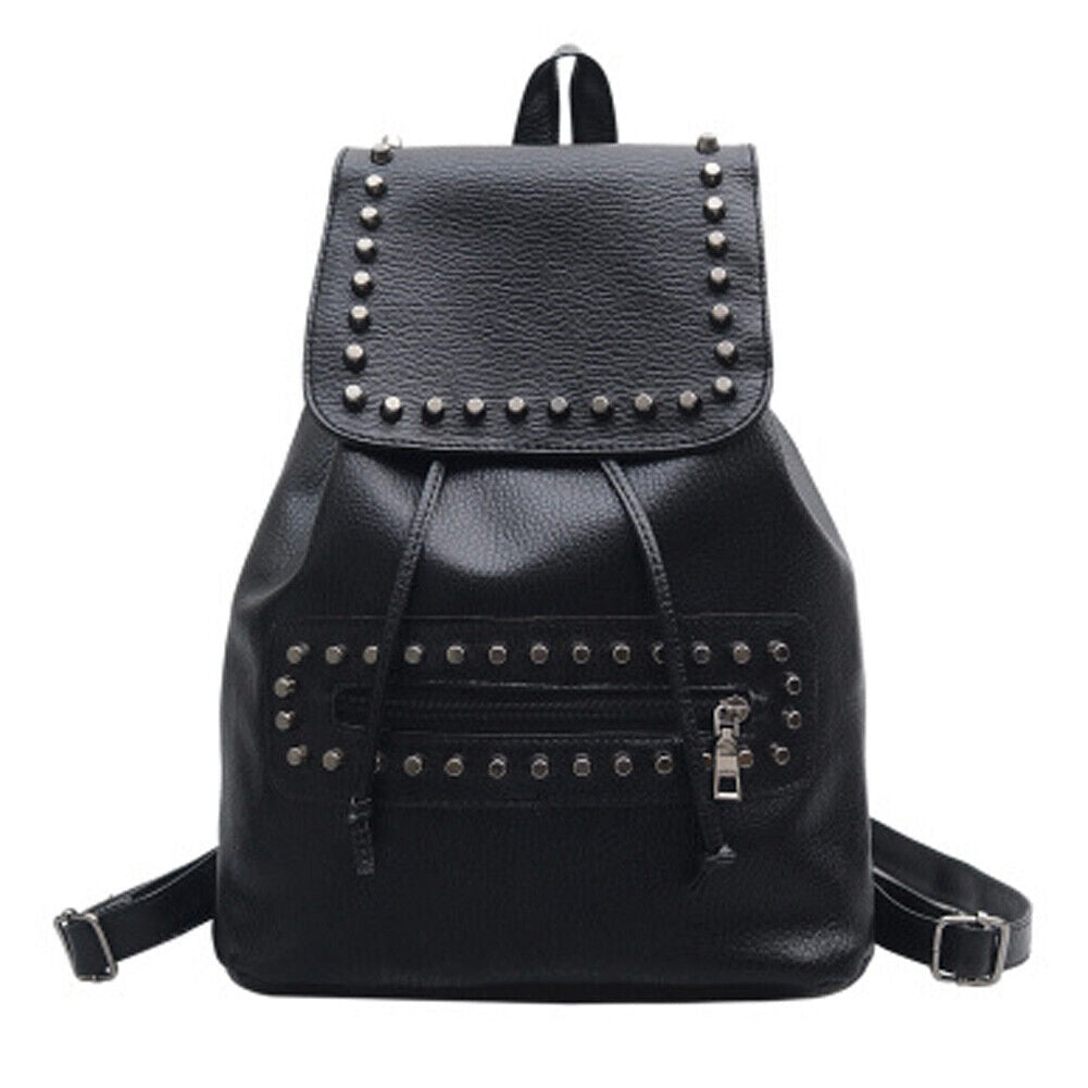 Fashion Women PU Leather Rivet Backpack Casual Girls School Bag Black-13445