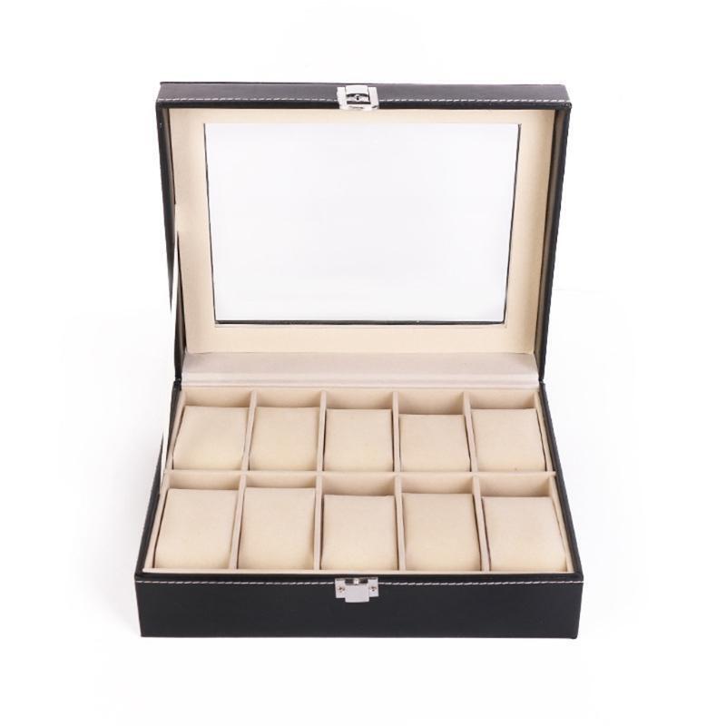10 Grids Watch Box PU Leather Watches Display Case Jewelry Organizer with Lock