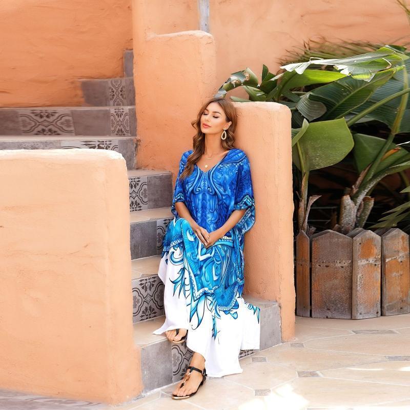 Women Beach Bikini Cover Up Robe V-Neck Kaftan Blue White Floral Maxi Long Dress