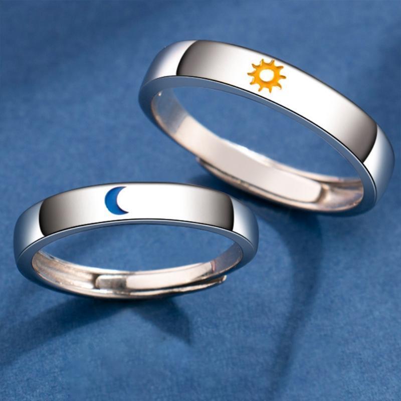 2 Pcs Sun and Moon Couple Rings Copper Polish Lovers Adjustable Ring for Her