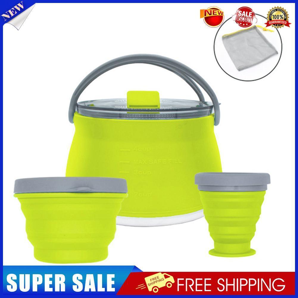 3pcs Silicone Folding Kettle Cup Set Portable Collapsible Tableware (Green)