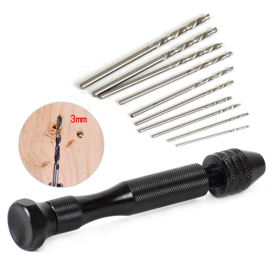 Mini Aluminum Hand Keyless Drill Chuck +10 Twist Drill Bits Rotary Too