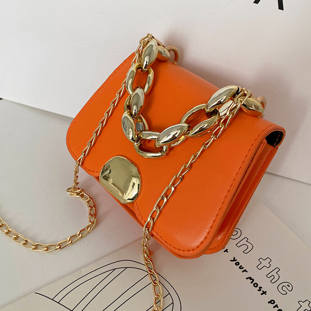 Designer Women Chain PU Leather Shoulder Bag Mini Square Handbag (Orange)
