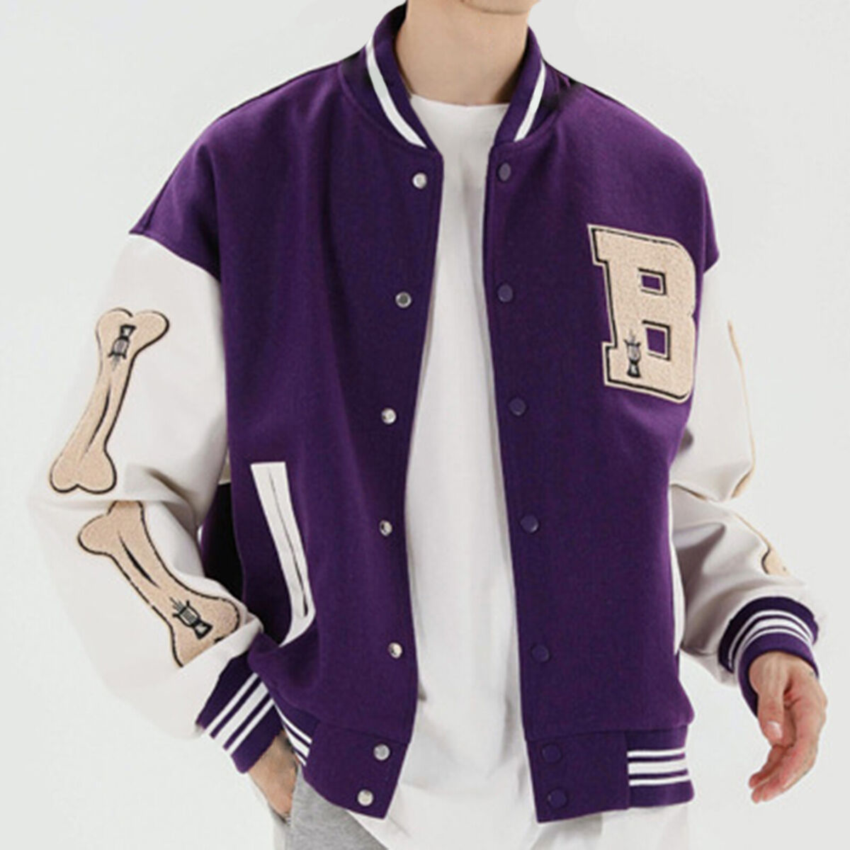 Letter Embroidered Jacket Leather Thick Baseball Uniform Coat (Purple 3XL)