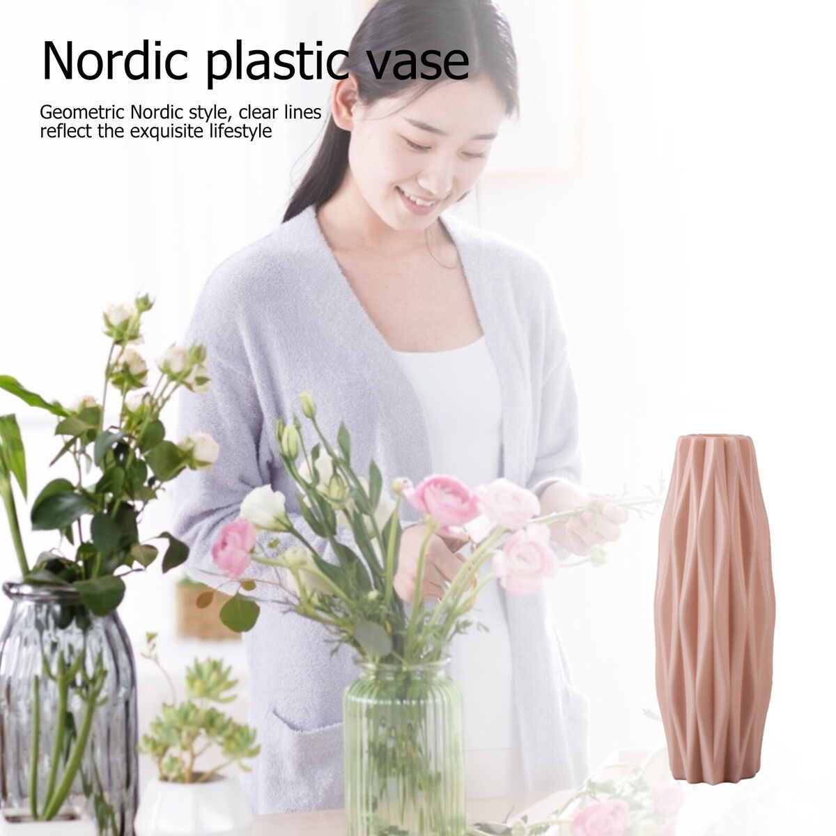 Nordic Style Plastic Vase Rhombus Flower Pot Minimalist Home Decor (Pink)