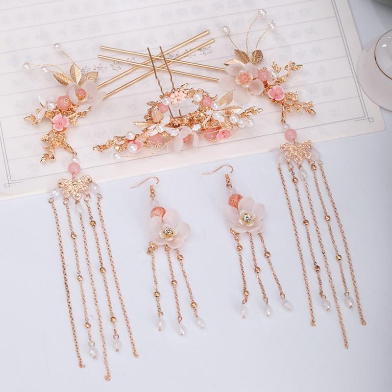 Women Chinese Hanfu Dress Jewelry Sets Tassel Floral Hairpins Earrings Hair Fork