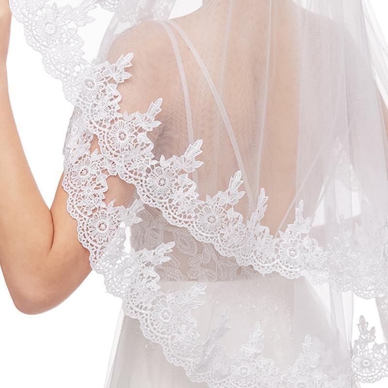 Bridal Veil with Comb 2 Tier Lace Applique Easy to Wear Elbow Length Sheer Tulle