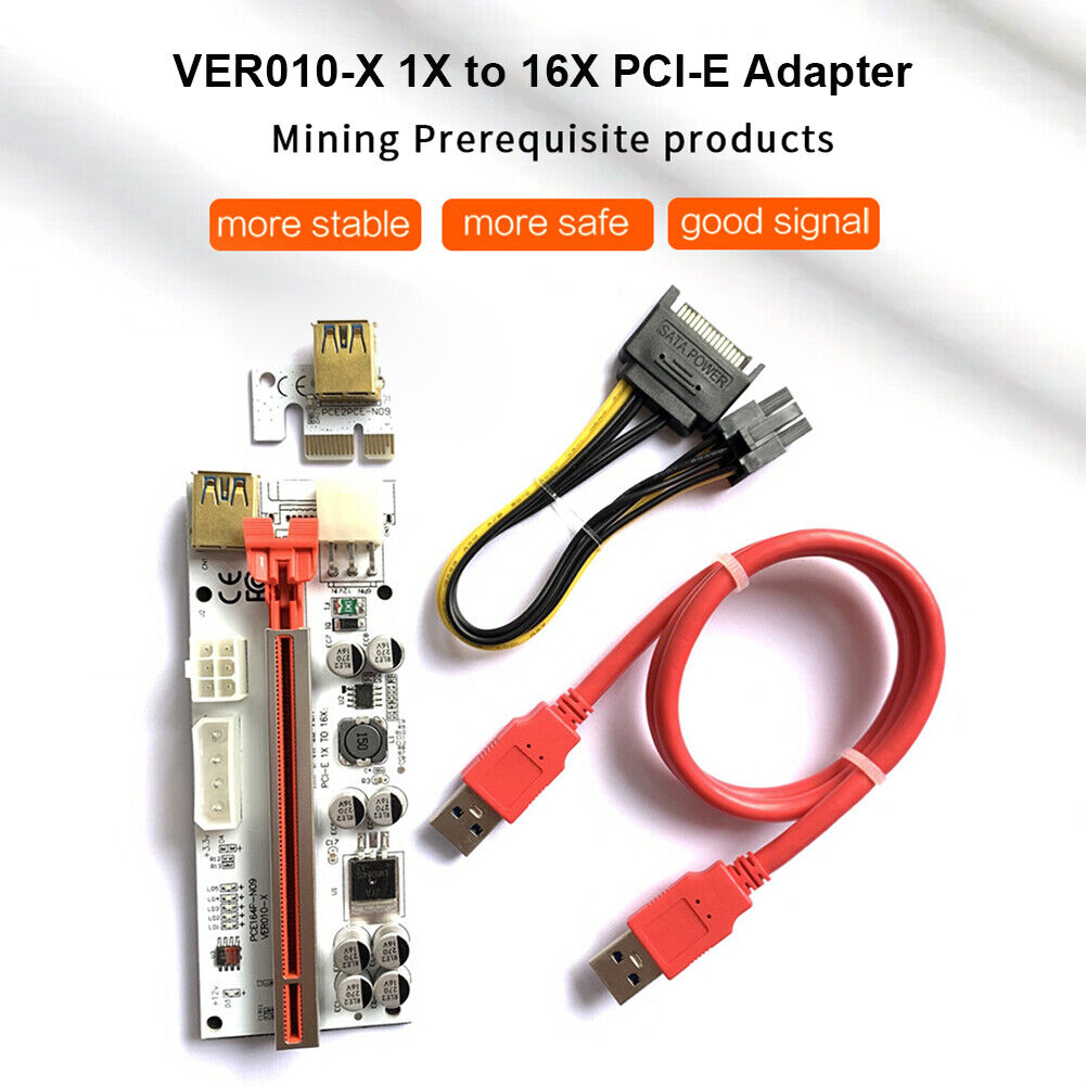 VER010-X PCIE Riser 1X to 16X Extender USB3.0 Adapter Card for Mining (Red)
