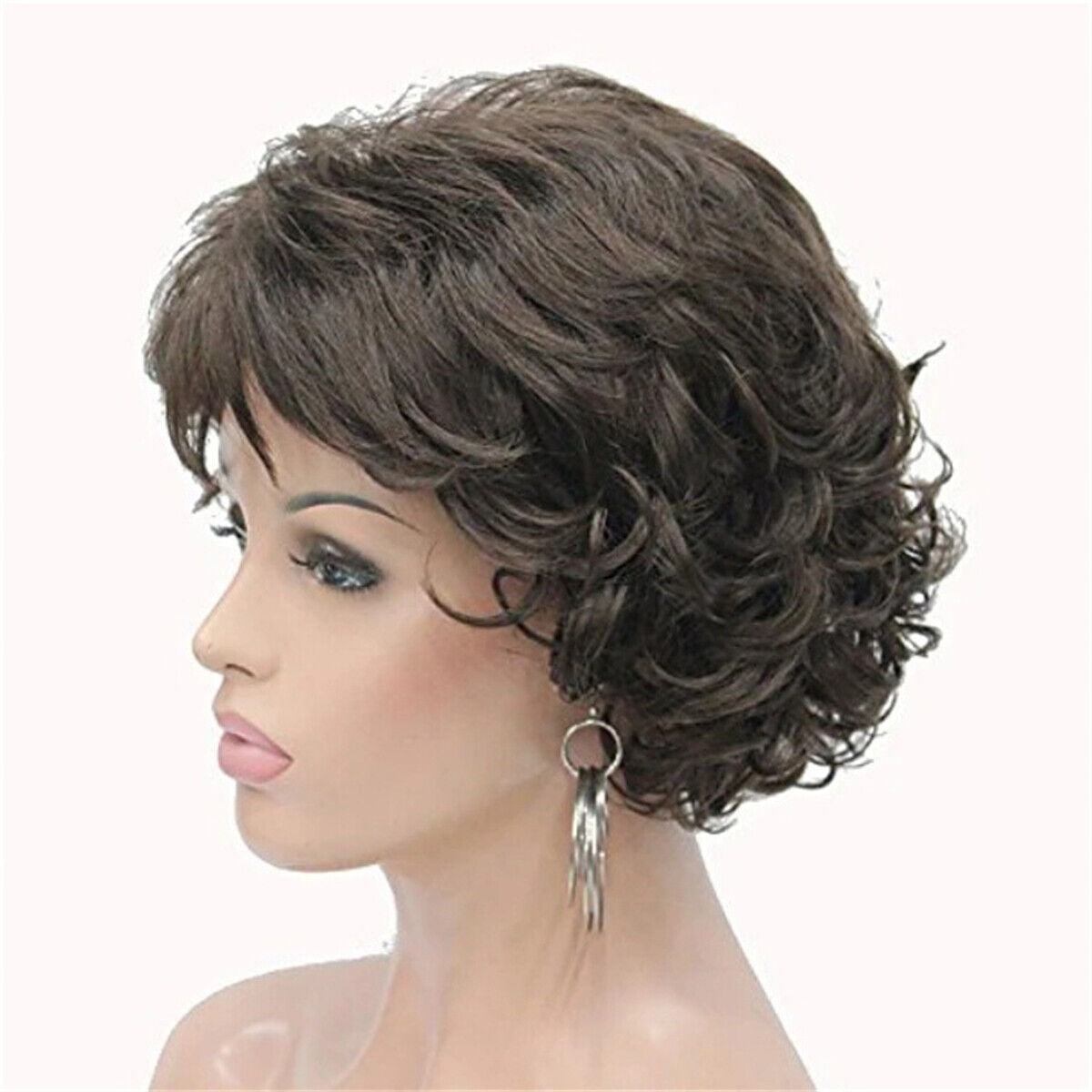 Women Ladies Fashion Short Curly Wig Natural Brown BOB Wavy Hair Wigs with Bangs