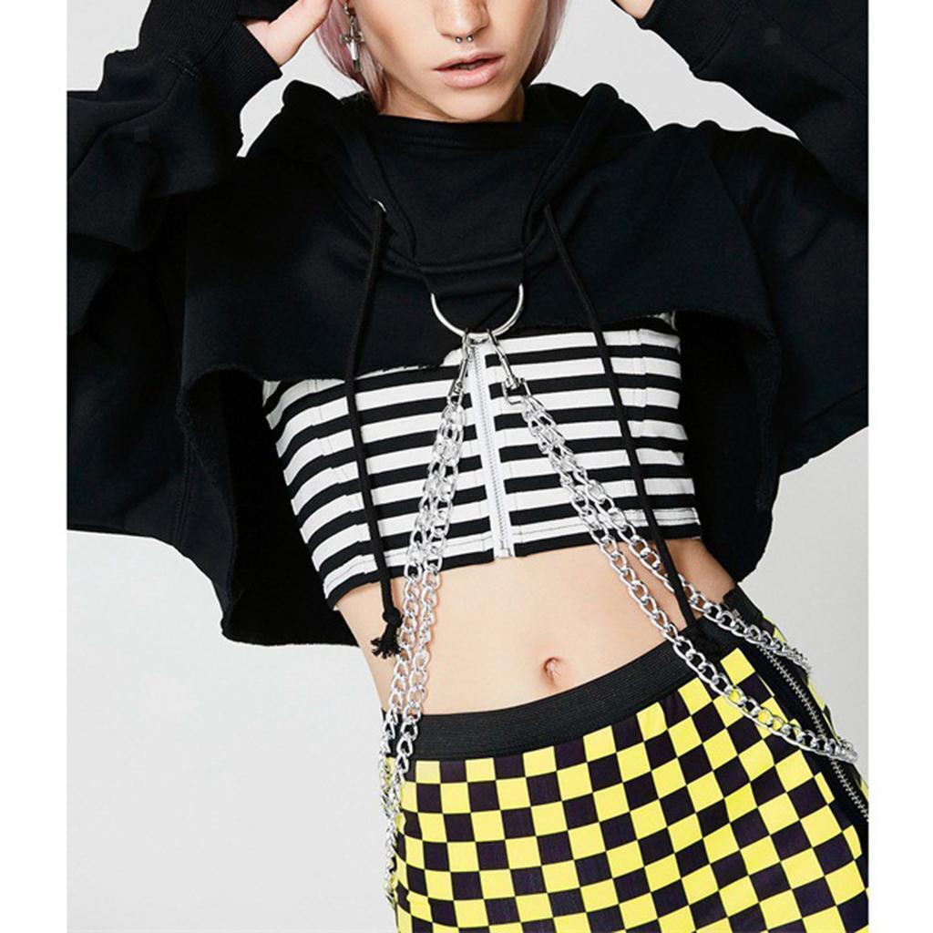 2x Women Fashion Long Sleeve Pullover Hoodie Crop Top Metal Chain Sweatshirt