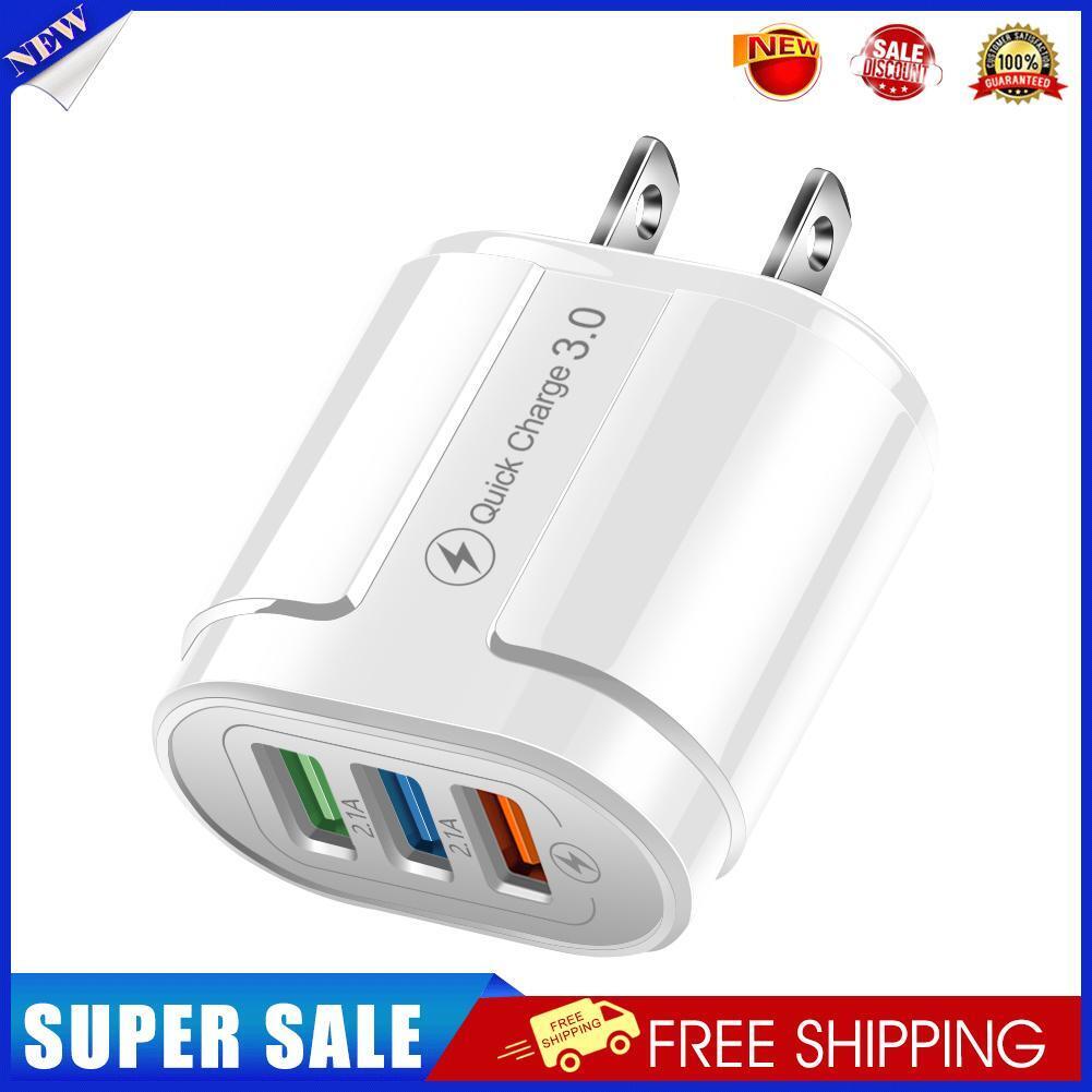 US Plug 3 Port USB Charger QC3.0 Wall Phone Fast Charging Adapter (White)