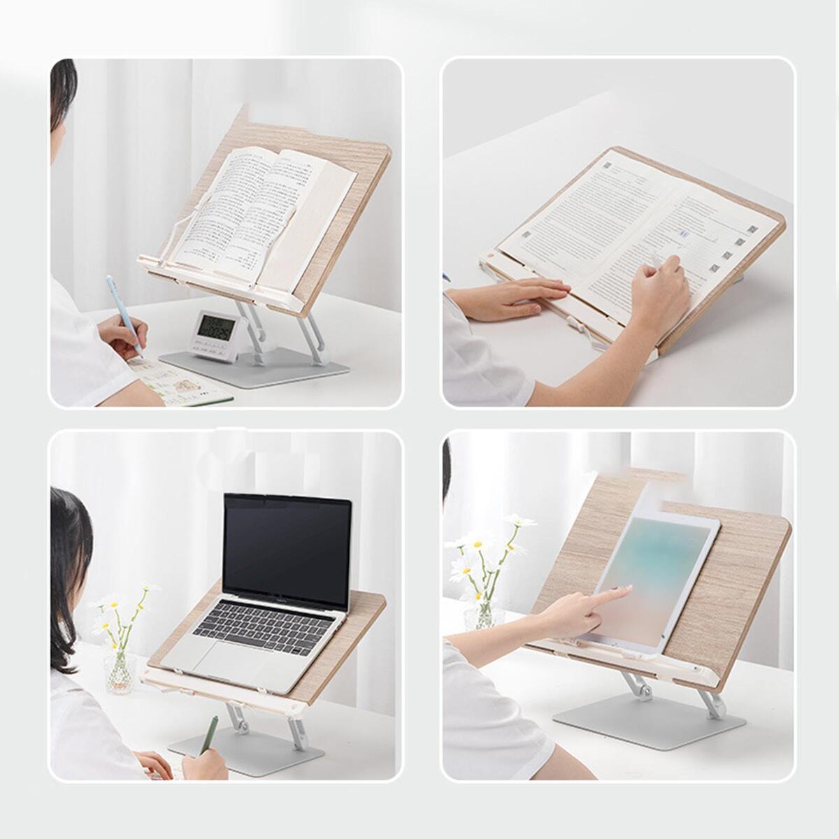 Bamboo Book Stand for Reading with Adjustable Aluminium Alloy Arm Base