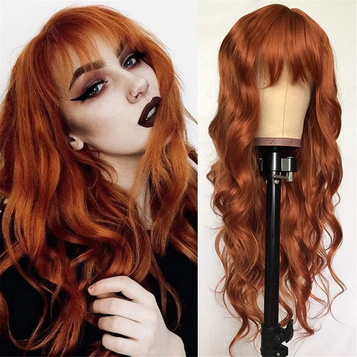 Fashion Women Ginger Orange Long Wave Curly Wigs Synthetic Hair with Full Bangs