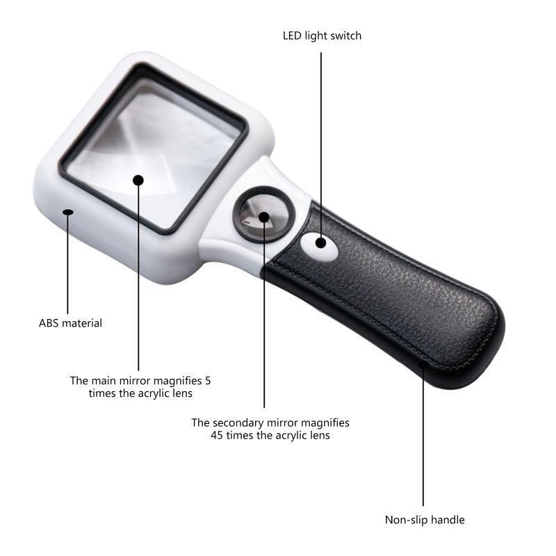 Double Glass Lens Handheld Illuminated Magnifier Reading Magnifying Glass 5X 45X