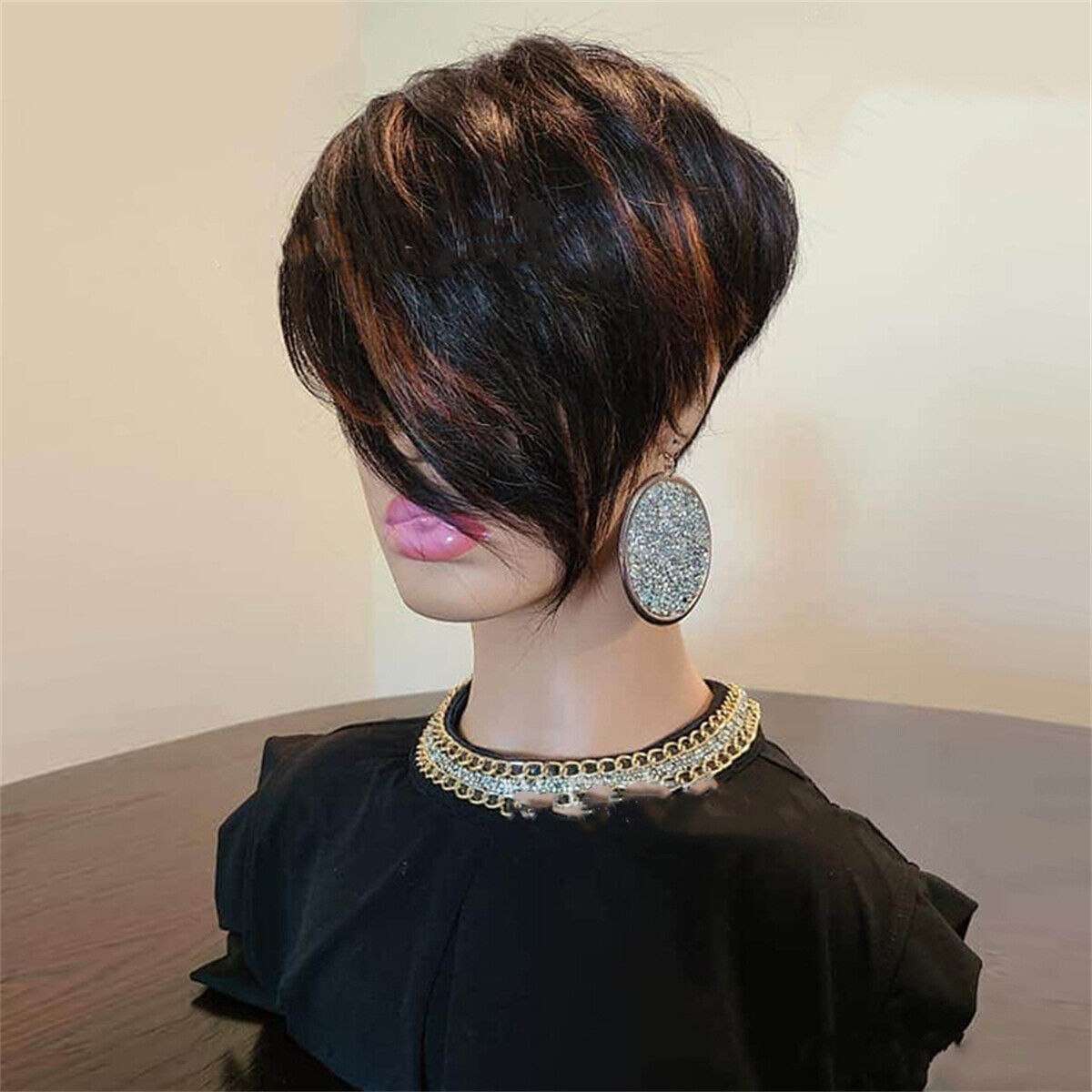 Women Fashion Short Straight Wig Natural Black Brown Hair Full Wigs with Bangs