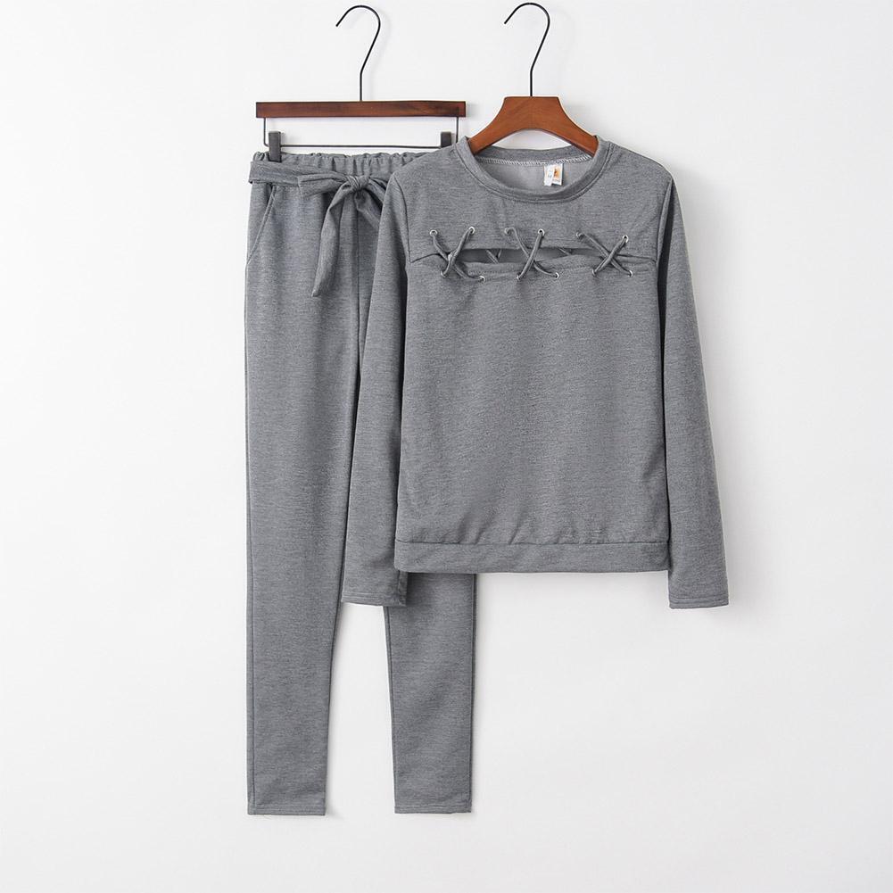 Women Hollow Sportswear 2pcs Clothes Sets Sweatershirt Pants (Grey XL)