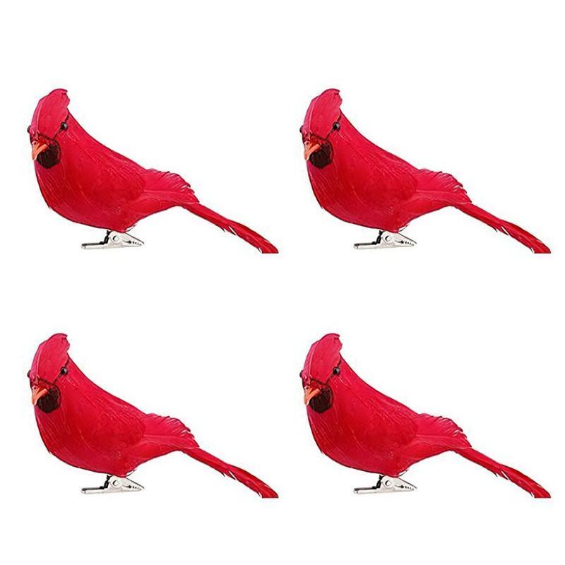 4pcs Imitation Feather Red Birds Cardinal Clips On Christmas Tree Decorations