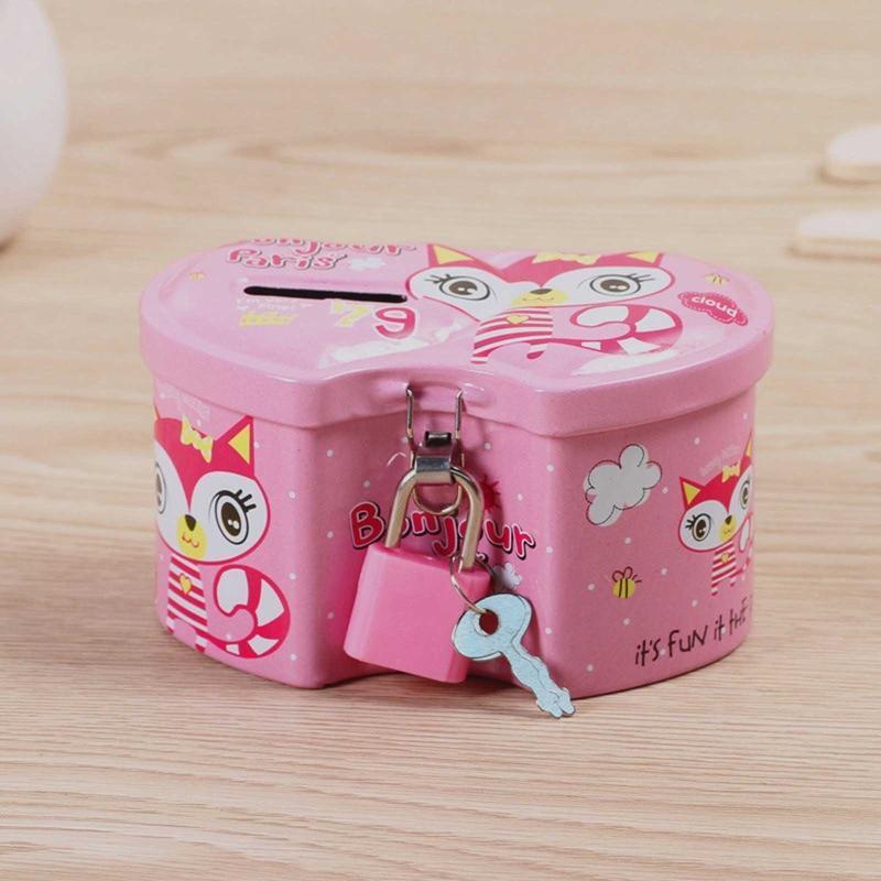 Small Double Heart Piggy Bank Metal Tinplate Coin Storage Box with Lock