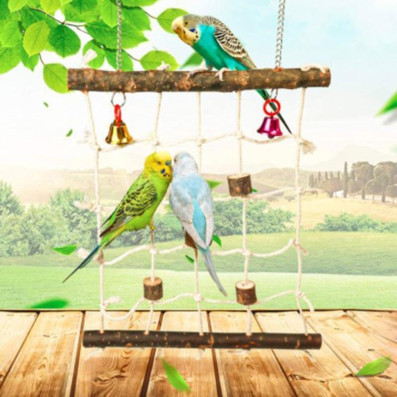Bird Climbing Rope Net Hanging Ladder Wooden Chew Blocks Bells Chewing Stones