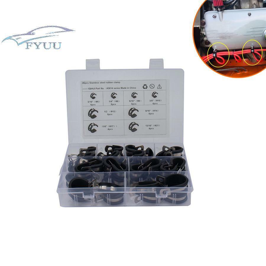 46pcs Universal 8 Kinds Stainless Steel Cable Clamp Rubber Cushioned Tube Holder