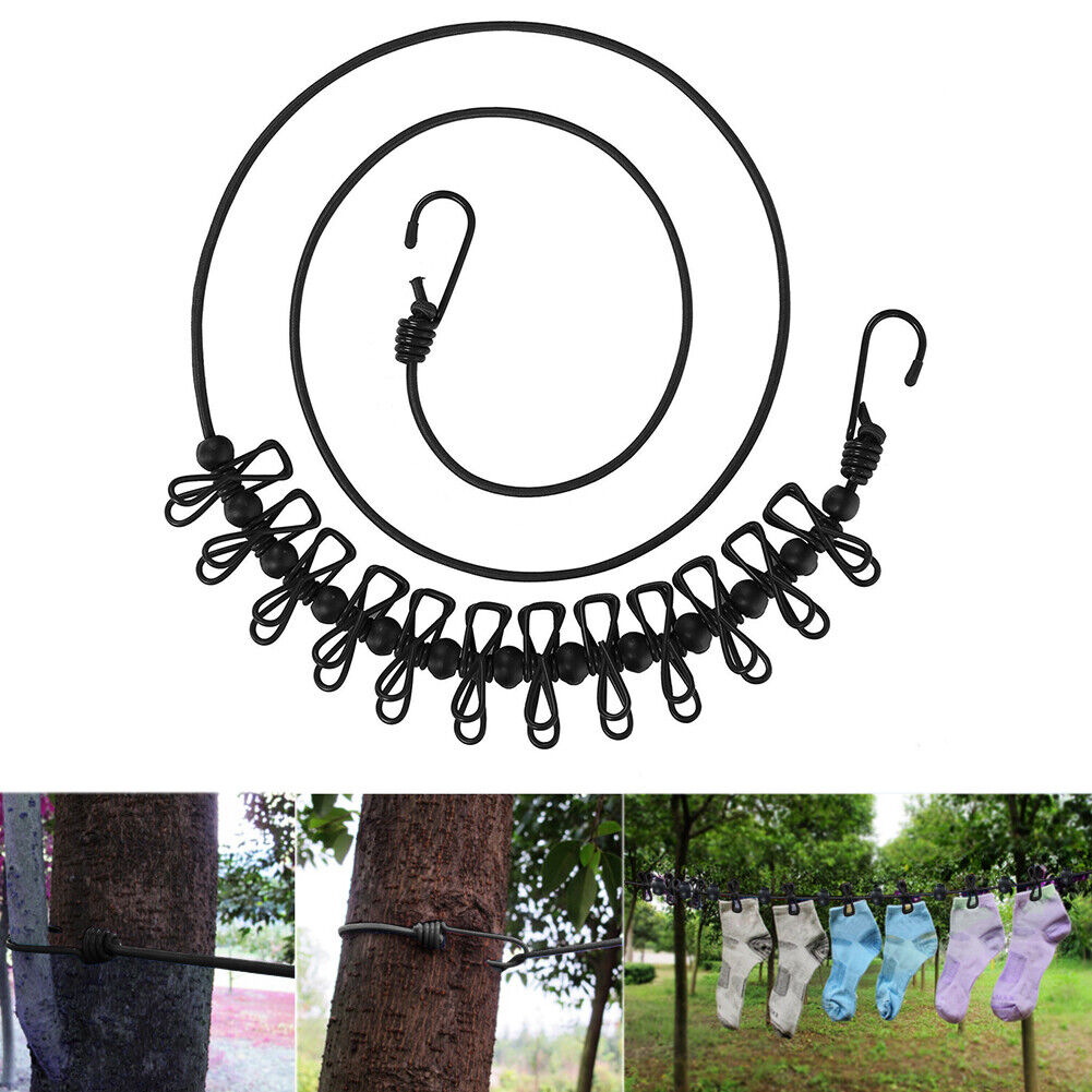 Travel Clothesline w/ 12 Clips Anti Slip Camping Cloth Hanger Rope (Black)